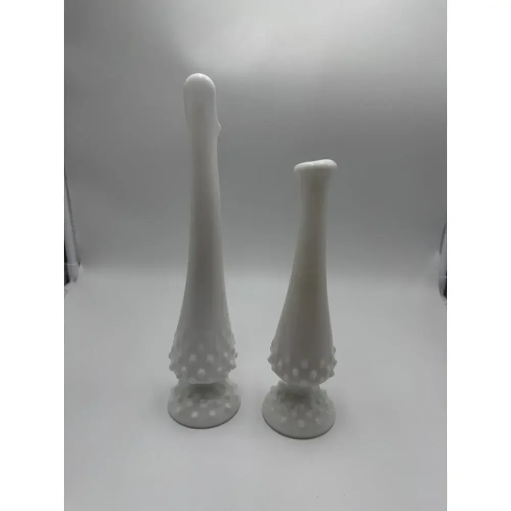 Vintage Set of 2 Fenton Bud Vases White Milk Glass Hobnail Footed Swung